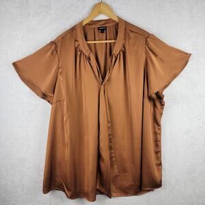 Sz 3X Satin Top Short Flutter Sleeve Pullover Tie V Neck Brown Blouse Career